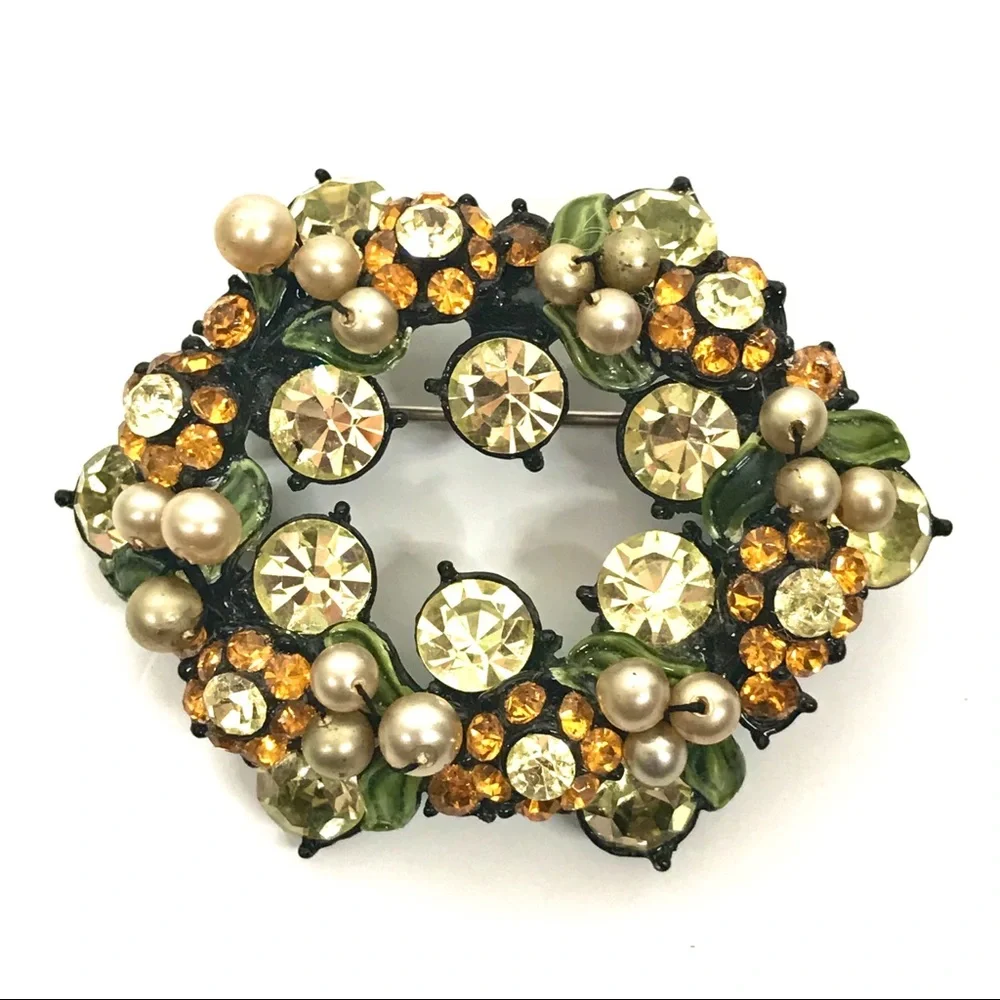 Vintage Rhinestone Brooch Flower Leaf Faux Pearl